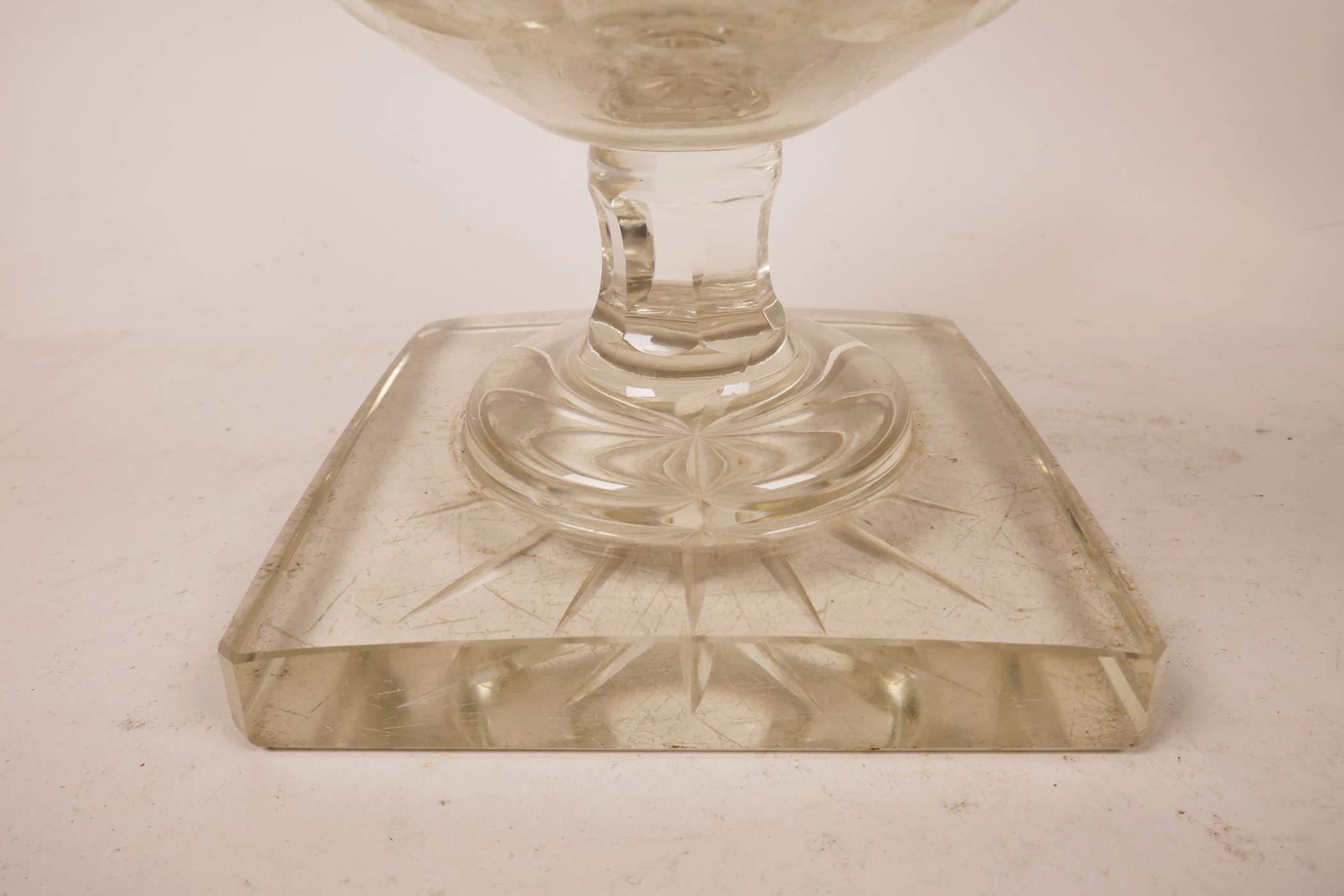 A large Georgian Anglo-Irish diamond cut, lead glass pedestal vase/urn, A starburst cut base, - Image 2 of 5