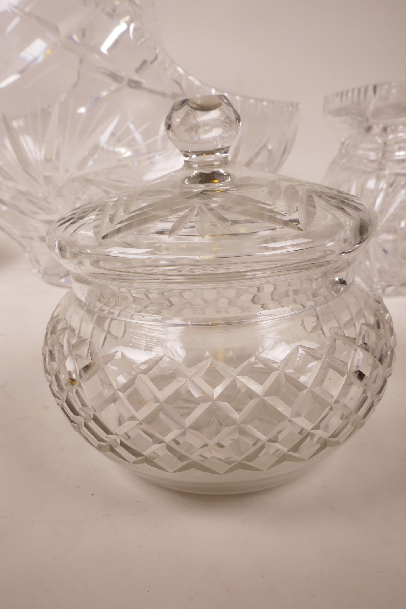 A lead crystal cut glass basket with traditional starburst design, 12" high x 12" long; an Edinburgh - Image 6 of 6
