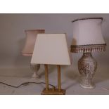A brass table lamp, 22" high, a ceramic lamp with chinoiserie decoration, and another