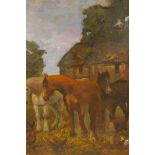 In the style of Herring, ponies in a paddock, C19th oil on canvas, 20" x 24"