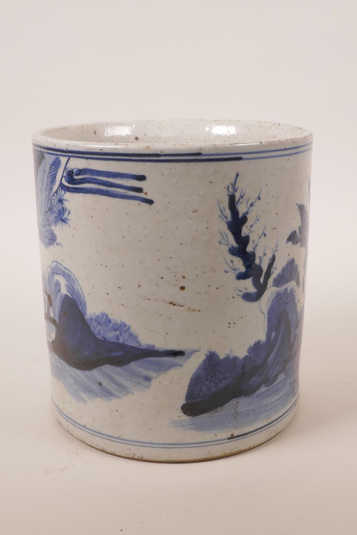 A Chinese blue and white pottery brush pot decorated with figures in an ornamental garden, 7" high x - Image 4 of 5