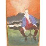 A stylised portrait of a seated figure with active volcano to background, 18" x 28½"