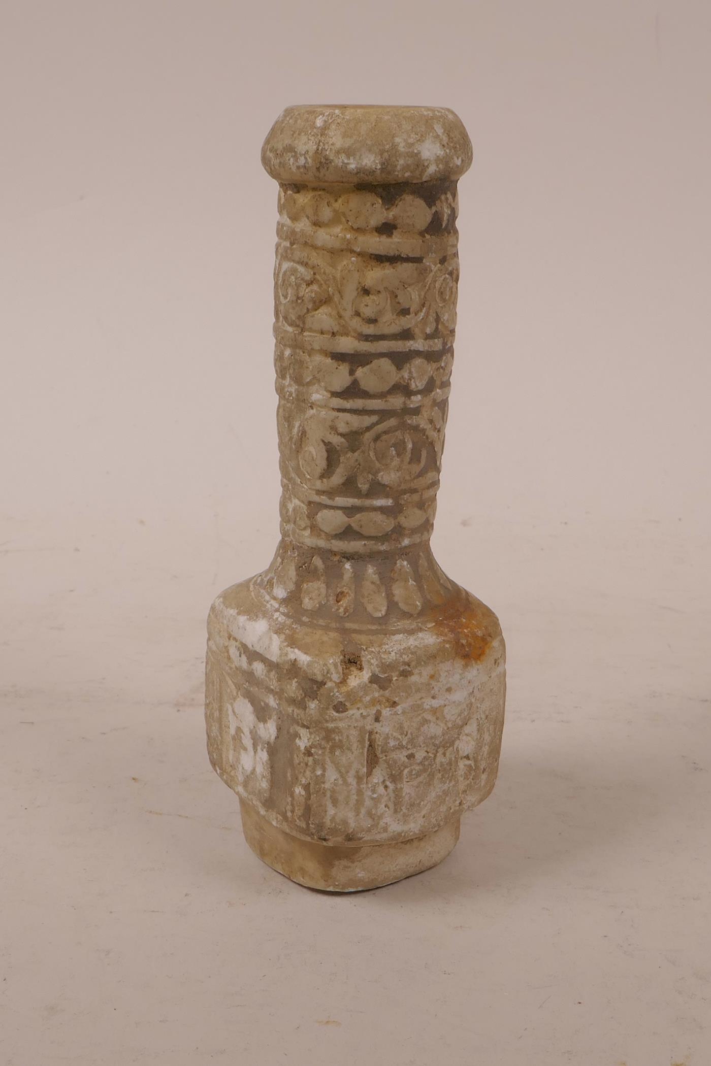 An Indo Persian soapstone spill vase with carved decoration of a crowned head, 5½" high - Image 2 of 4