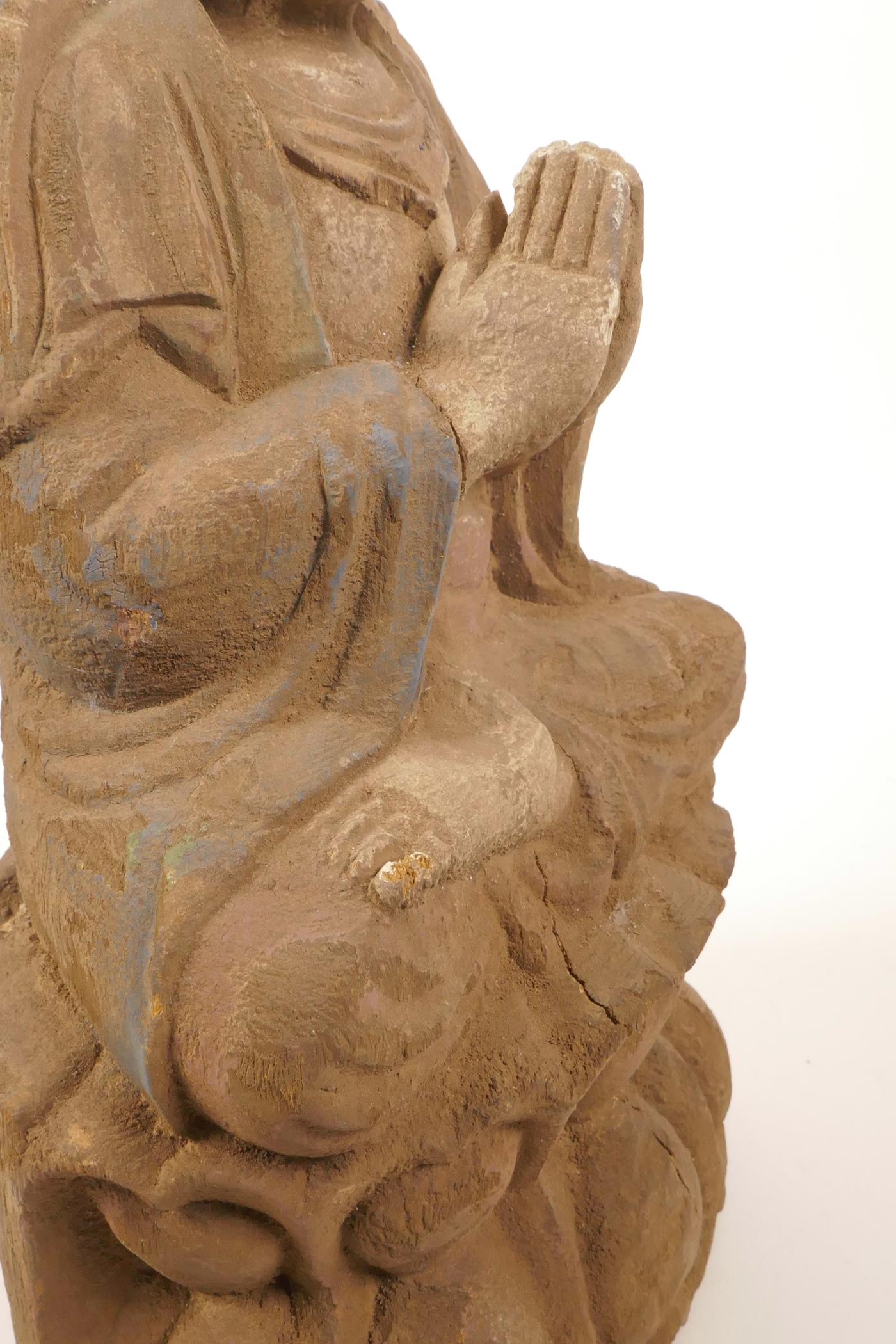 A Chinese carved and painted wood figure of Buddha seated in meditation, 14½" high - Image 5 of 6