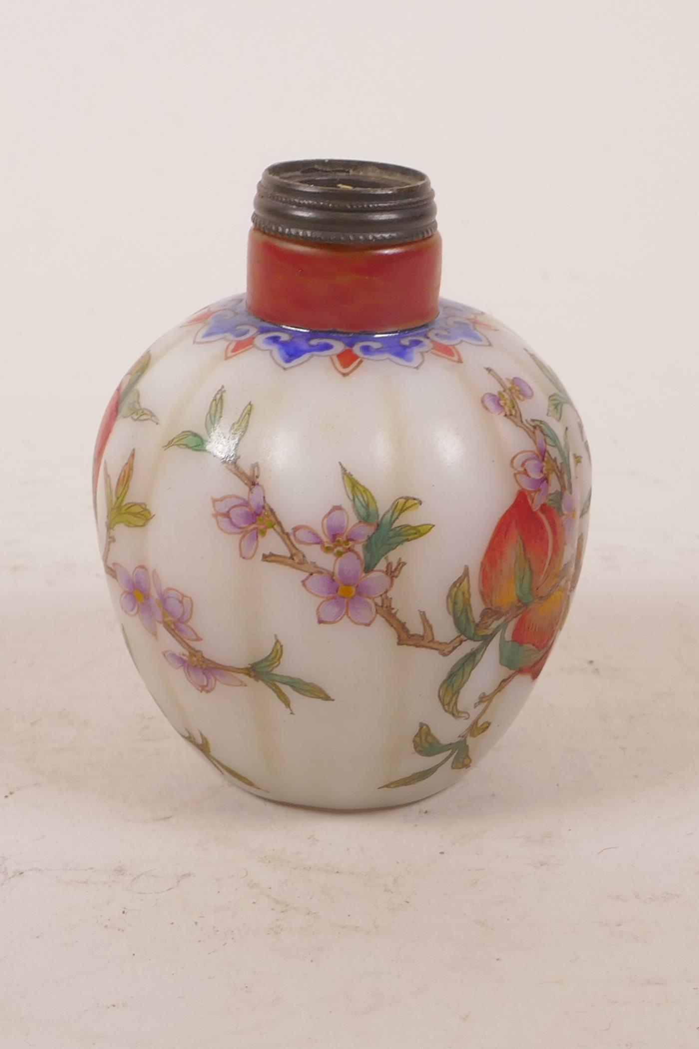 A Chinese enamelled glass snuff bottle in the form of a gourd, decorated with a fruiting peach tree, - Image 3 of 6