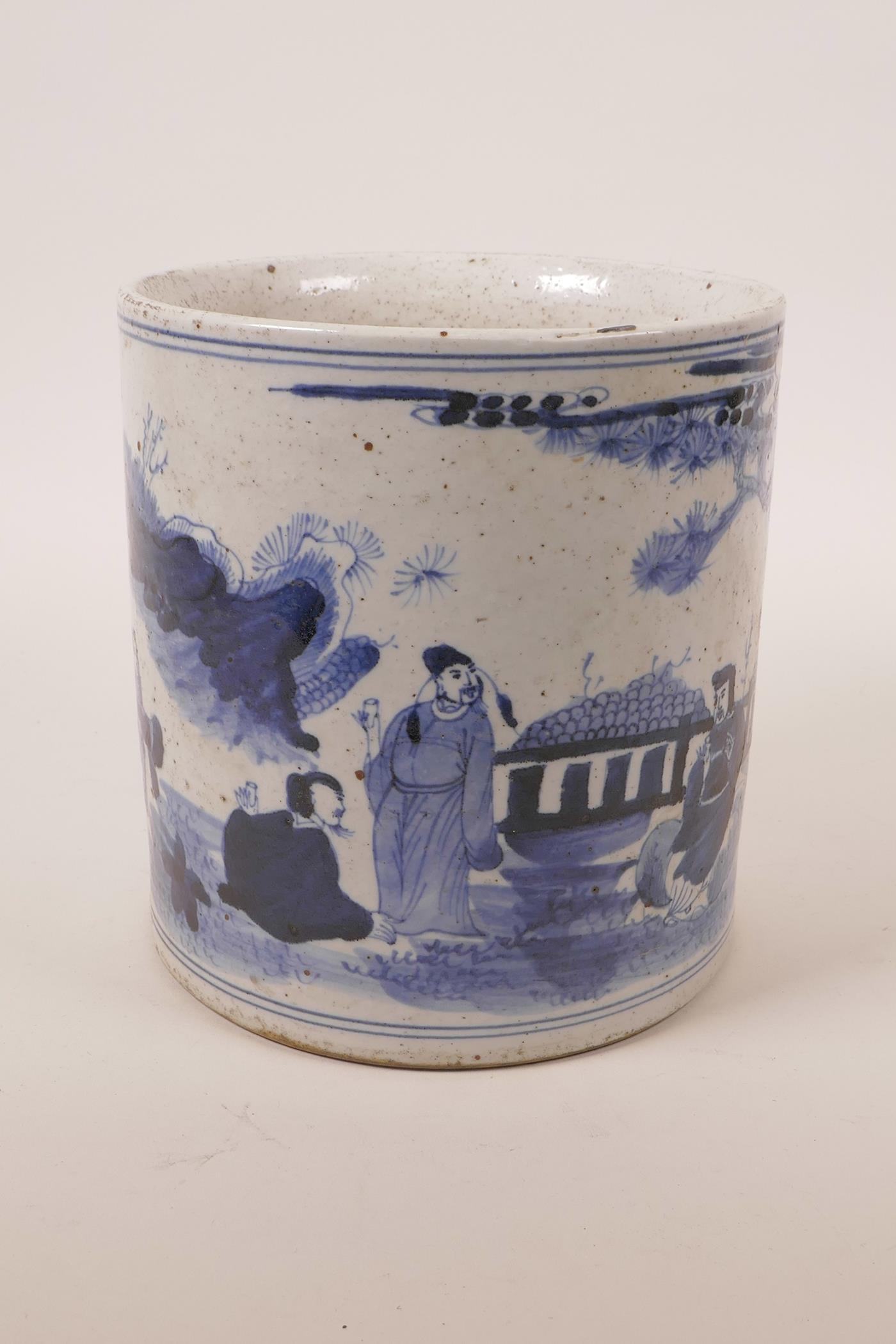 A Chinese blue and white pottery brush pot decorated with figures in an ornamental garden, 7" high x - Image 2 of 5