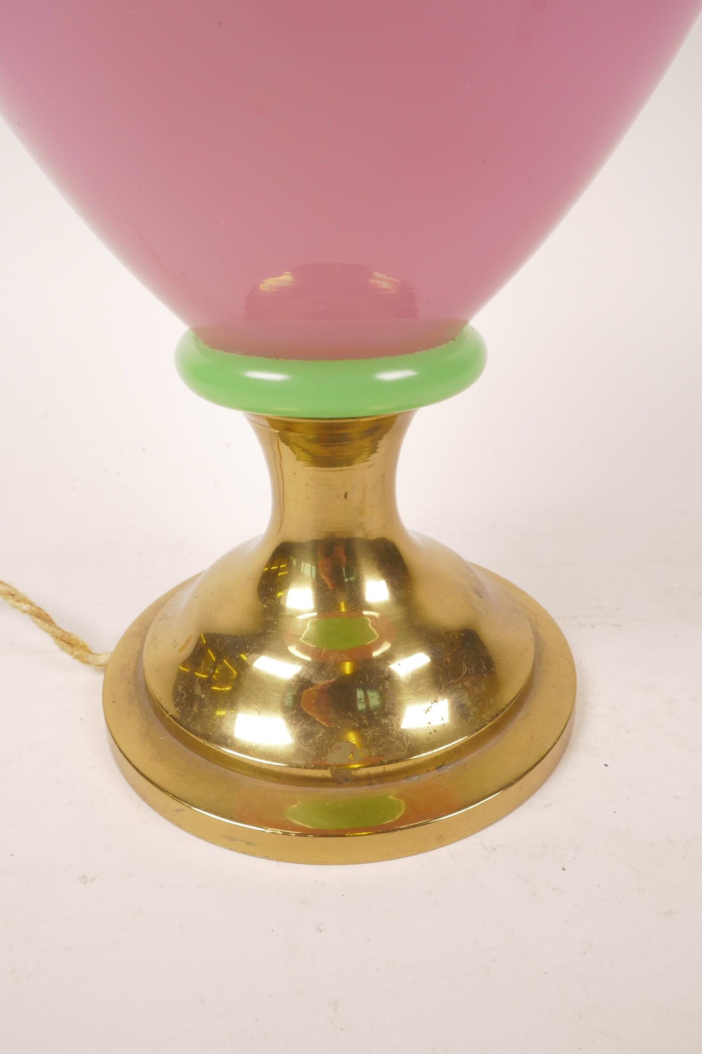 An opaline glass lamp with pink body and green trim, on a brass base (WF), 16" high x 6" wide - Image 3 of 6