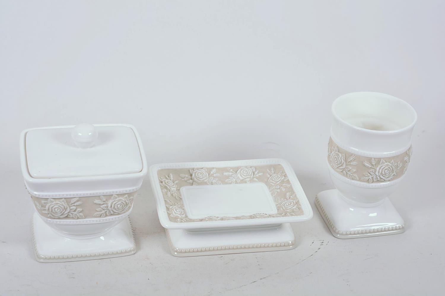 A Swedish porcelain dressing table trio of trinket box, pin tray and vase with embossed floral - Image 3 of 9