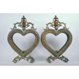 A pair of coppered metal, heart shaped lanterns, 18" high