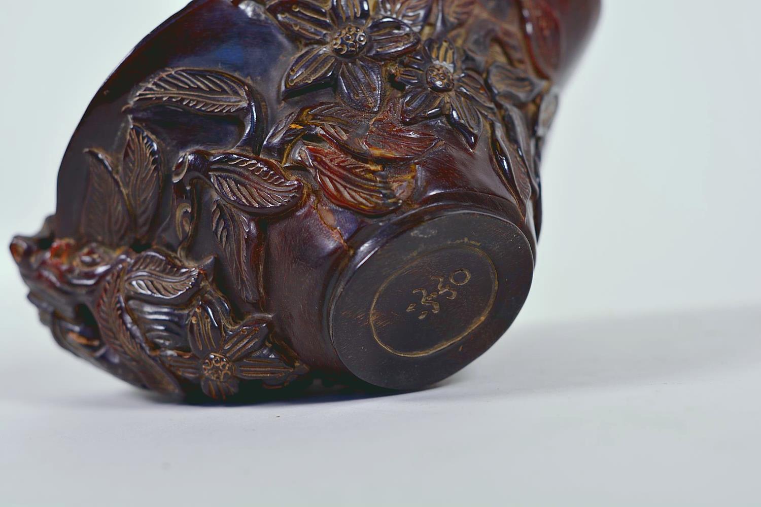 A Chinese faux horn libation cup with carved floral decoration, chased mark to base, 4½" x 6" - Image 9 of 9