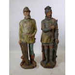 Two C19th carved plaster alcove figures of a huntsman and knight, 44" high