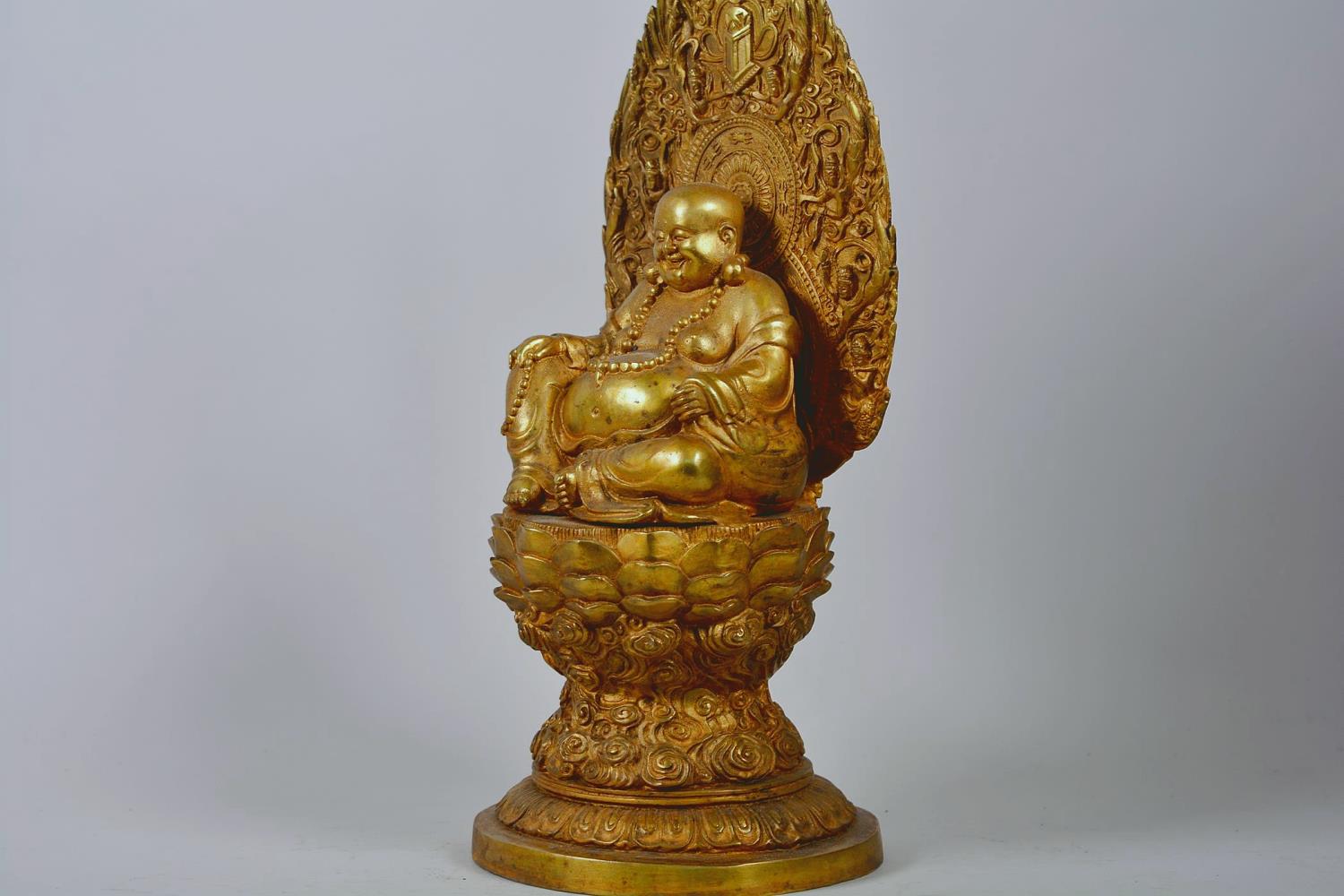 A large Chinese gilt metal Buddha seated on a lotus throne, impressed 4 character mark to base, - Image 4 of 7