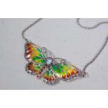 A silver and plique-a-jour butterfly necklace, 2¼" widest
