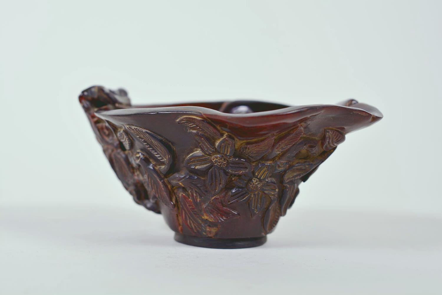 A Chinese faux horn libation cup with carved floral decoration, chased mark to base, 4½" x 6" - Image 2 of 9