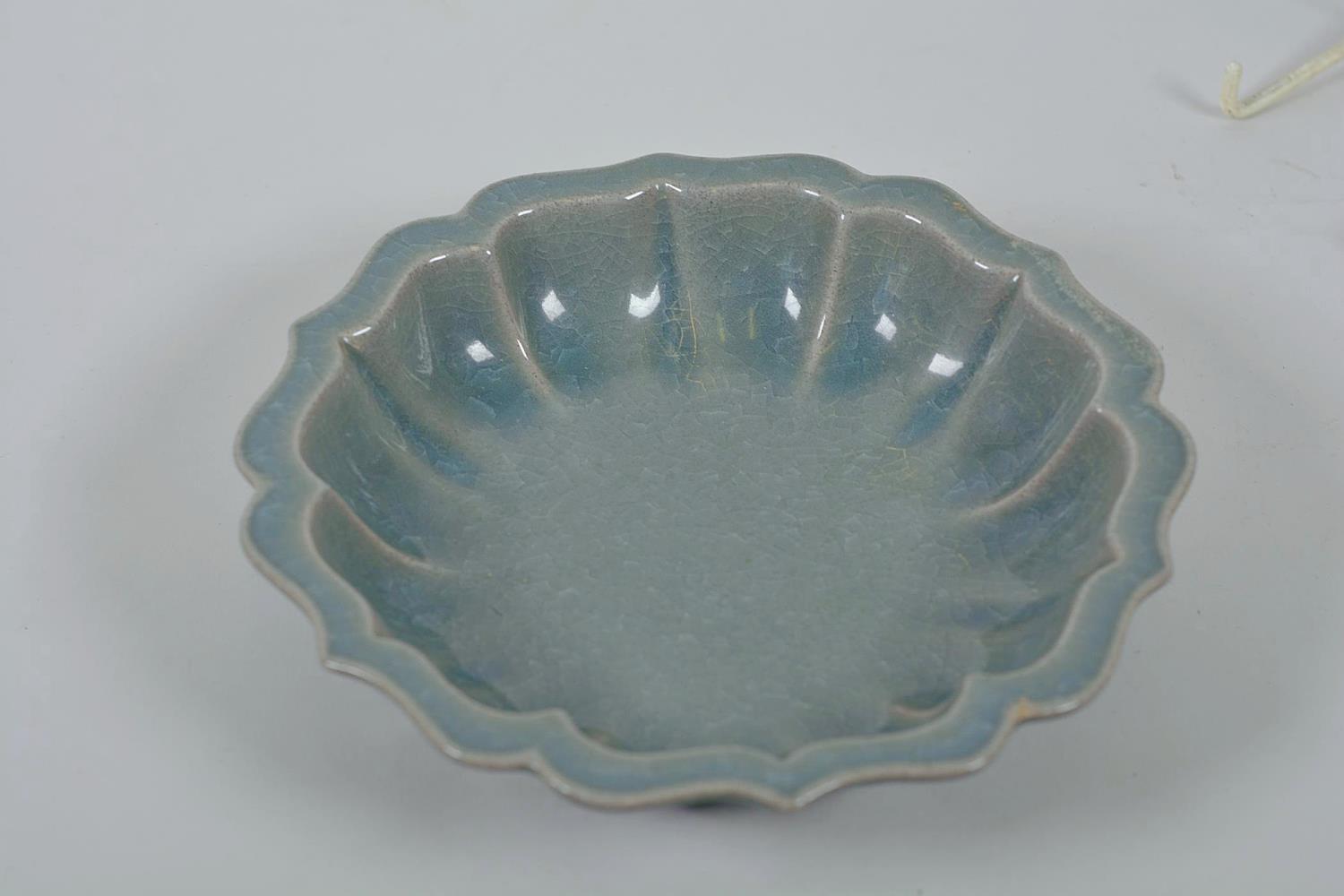 A Chinese celadon crackle glazed Ru ware style dish of lobed form, 7½" diameter - Image 7 of 7