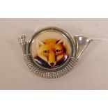 A 925 silver brooch shaped as a hunting horn, set with central enamel plaque depicting a fox head,