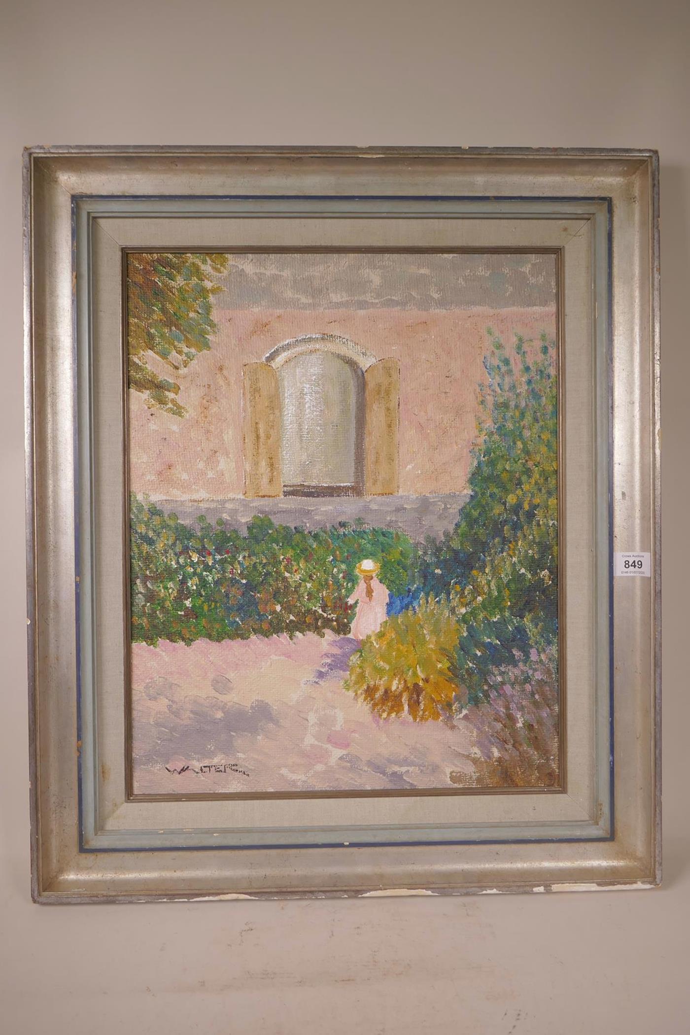 Child picking flowers in a chateau garden, , oil on canvas, signed Walter, 15½" x 19½" - Image 2 of 5