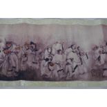 A Chinese printed scroll depicting an extensive scene with travelling figures, and two