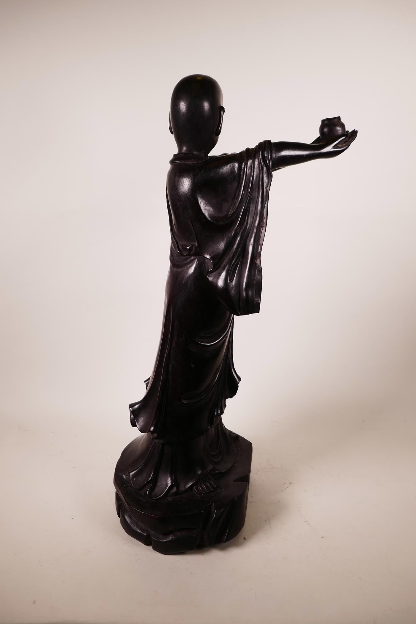 A large Chinese carved hardwood figure of Lohan holding a censer, A/F losses, 26" high - Image 3 of 6