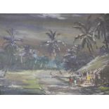 Tropical beach scene, signed indistinctly, oil on board, 14" x 12"