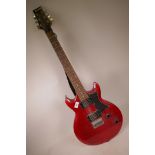 An Ibanez SG style electric guitar with red body and rosewood finger board, and twin humbucker style