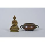 A Chinese two handled bronze censer, together with a bronzed metal figure of Buddha, censer 3"