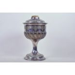 A Walker & Hall silver plated oil lamp base with chased and relief leaf and gadrooned decoration,