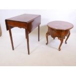 A mahogany drop leaf side table and a walnut single drawer occasional table, 28" x 23" x 22"