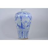 A large Chinese blue and white pottery meiping vase decorated with Lu Zhishen uprooting a willow