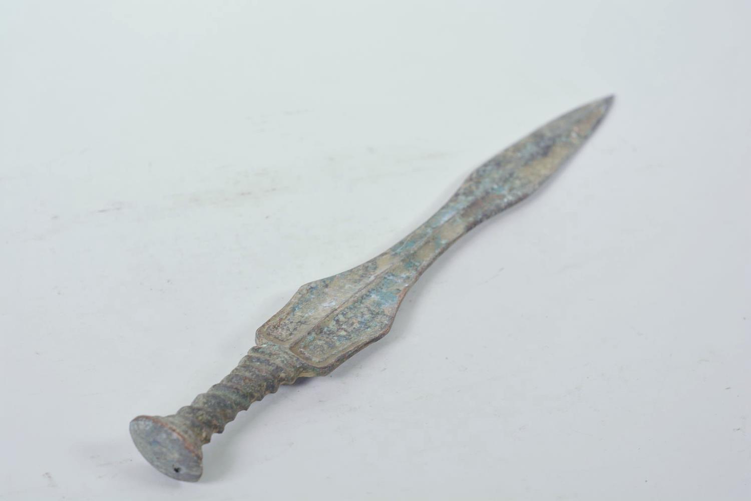 A Chinese bronze short sword with verdigris patina, 14" long