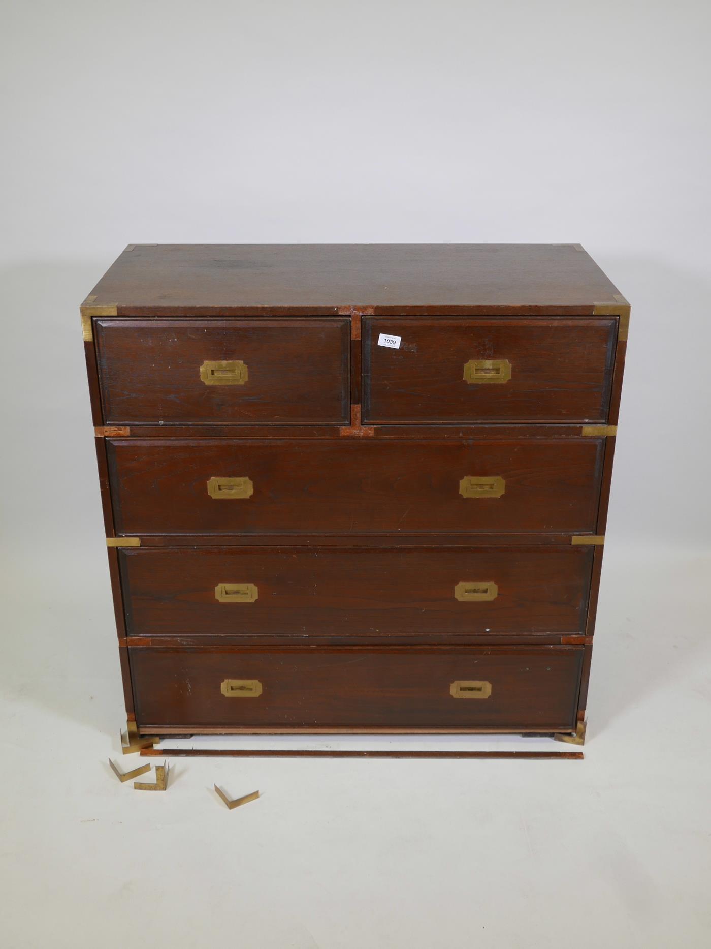 A mahogany military style chest of two short and three long drawers with brass bound corners, - Image 3 of 7