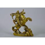 A Chinese gilt bronze of a warrior on horseback, 7½" high