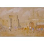 Figures at an Eastern town, initialled, unframed watercolour and bodycolour, 9" x 11½"