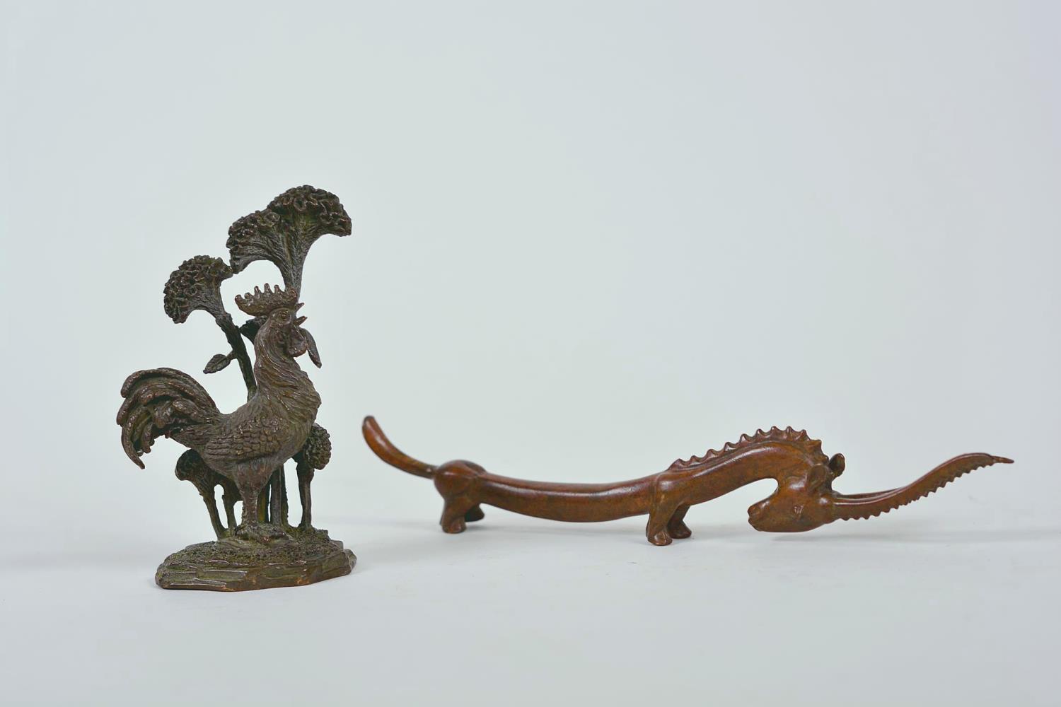 A Chinese bronzed metal cockerel, and another of a mythical creature, longest 7"