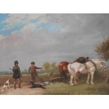 Augustus S. Boult (British, 1815-1853), a huntsman talking to a farmer with his plough team of two