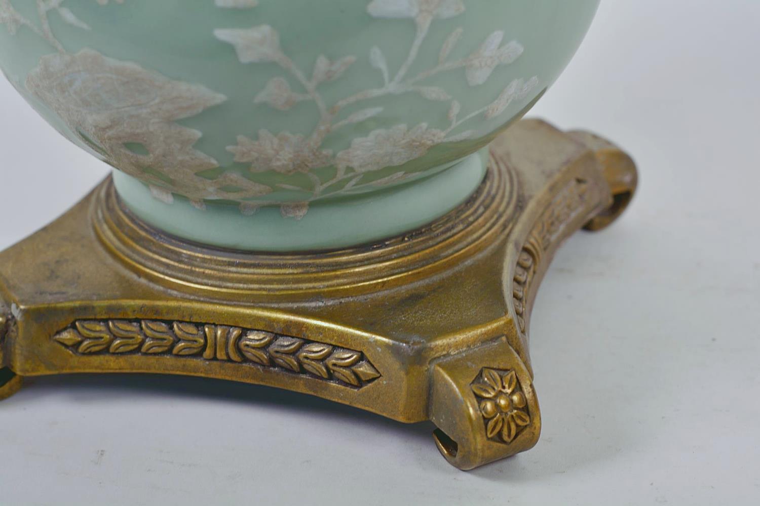 A Chinese celadon glazed porcelain vase with ormolu style mount and raised floral decoration, seal - Image 11 of 13