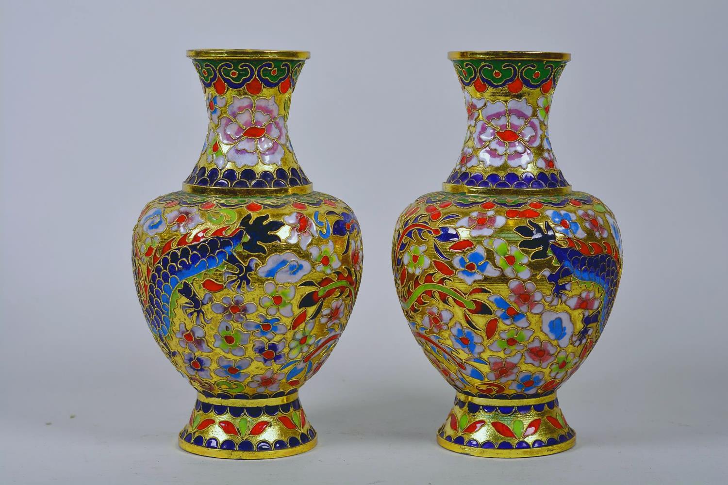 A pair of Oriental cloisonné vases decorated with dragons, 8" high - Image 2 of 9