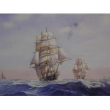 David C. Bell, square rigged sailing ships off the English coast, limited colour print, signed in