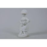 An C18th Derby biscuit porcelain figurine of a seated lady holding a basket of flowers, model 'No 8'