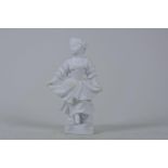 An C18th possible Meissen (Marcolini) biscuit porcelain figure of a young girl holding out her skirt