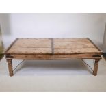 An Indian hardwood bed with iron strapwork, 72" x 35" x 21"