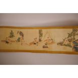 A Chinese printed scroll depicting erotic scenes, 81" x 8"