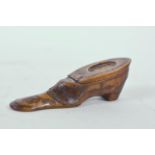 A Georgian carved wooden shoe snuff box with removable lid and pin work decoration, A/F, 5" long x