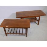 A mid century teak and mahogany coffee table with slatted undertier and another similar, largest 41"