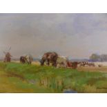 Owen Waters (British, 1916-2004), a pair of oil paintings, 'Cattle on a river bank - Norfolk' and '