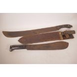A large WWII machete, stamped Sheffield, 27" long, together with a WWII machete in leather sheath,