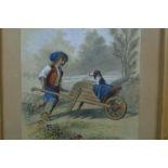A pair of Continental pen, ink and watercolour drawings, figures with a dog cart, and figure with