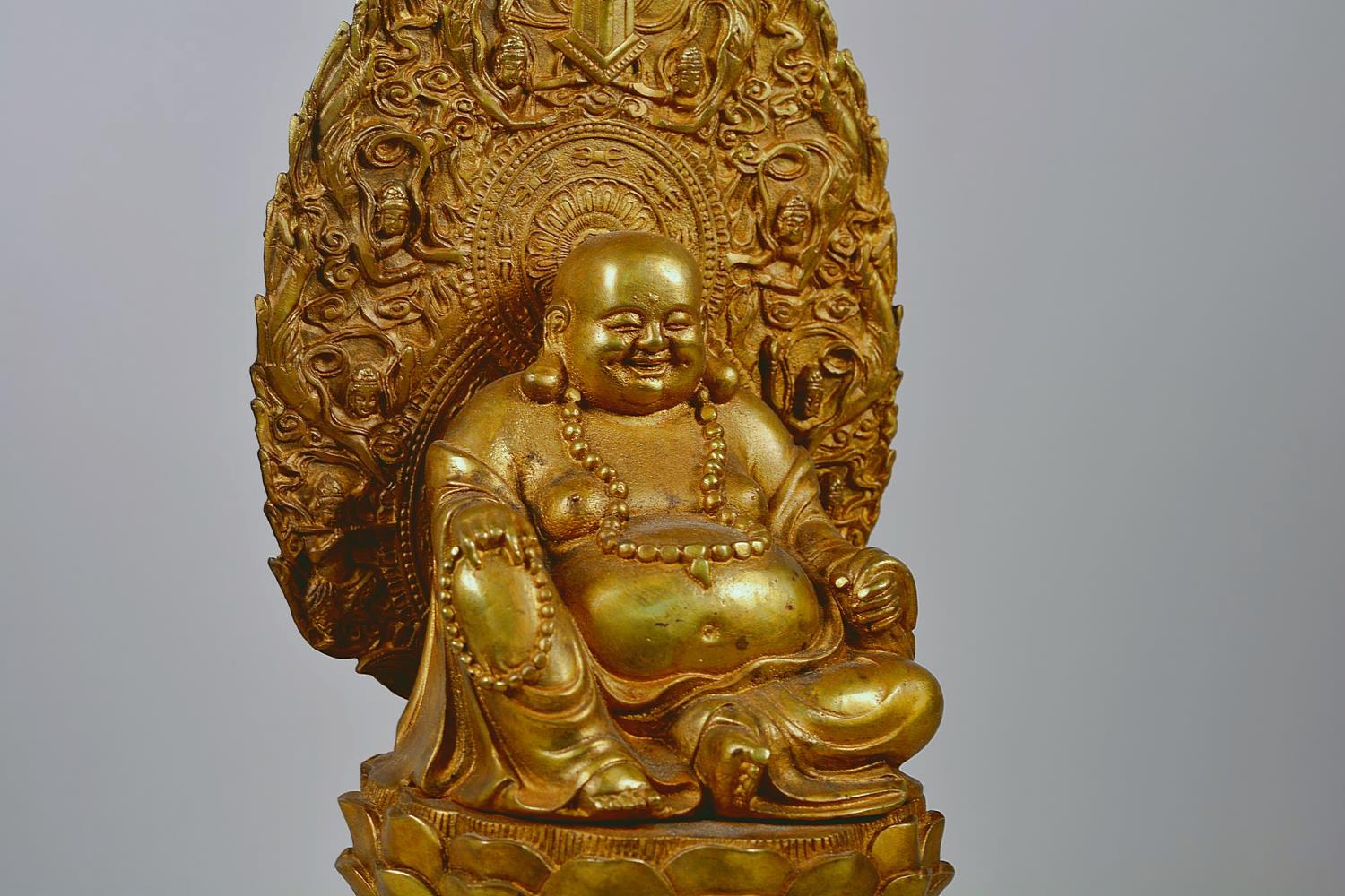 A large Chinese gilt metal Buddha seated on a lotus throne, impressed 4 character mark to base, - Image 7 of 7