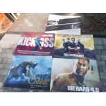 Five mounted film posters, 'Die Hard 4.0', 'The Golden Compass', 'The Expendables', 'Kickass' and '