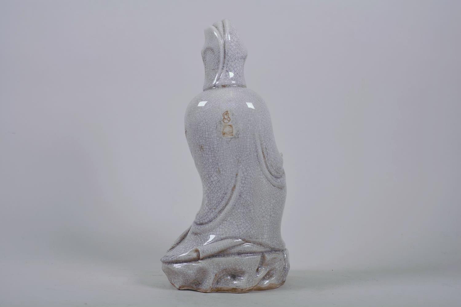 A Chinese crackle glazed blanc de chine Quan Yin, impressed seal marks verso, 12" high - Image 2 of 9